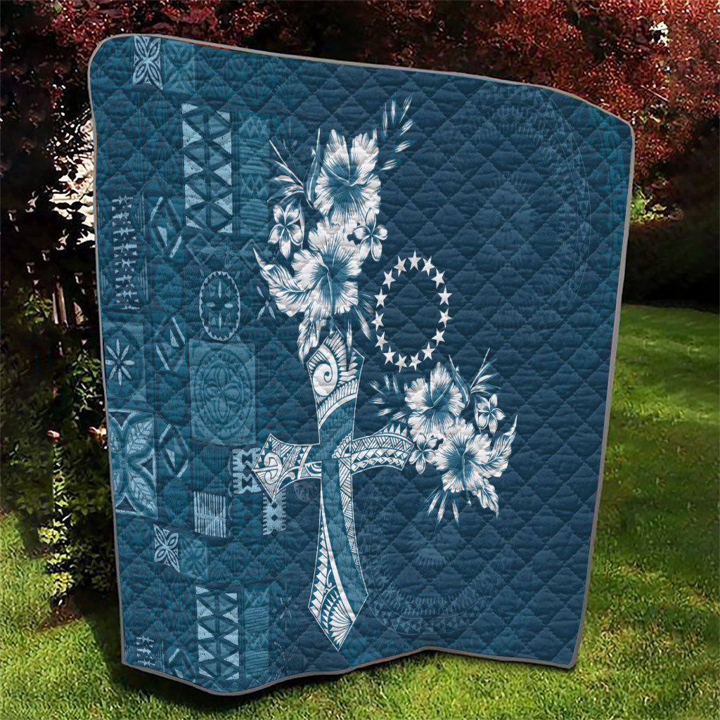 Kia Orana Cook Islands Tapa Floral With Cross Quilt Navy Blue LT7 - Polynesian Pride