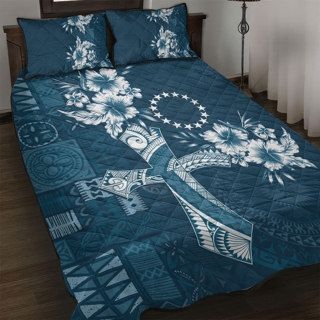 Kia Orana Cook Islands Tapa Floral With Cross Quilt Bed Set Navy Blue LT7 Navy Blue - Polynesian Pride