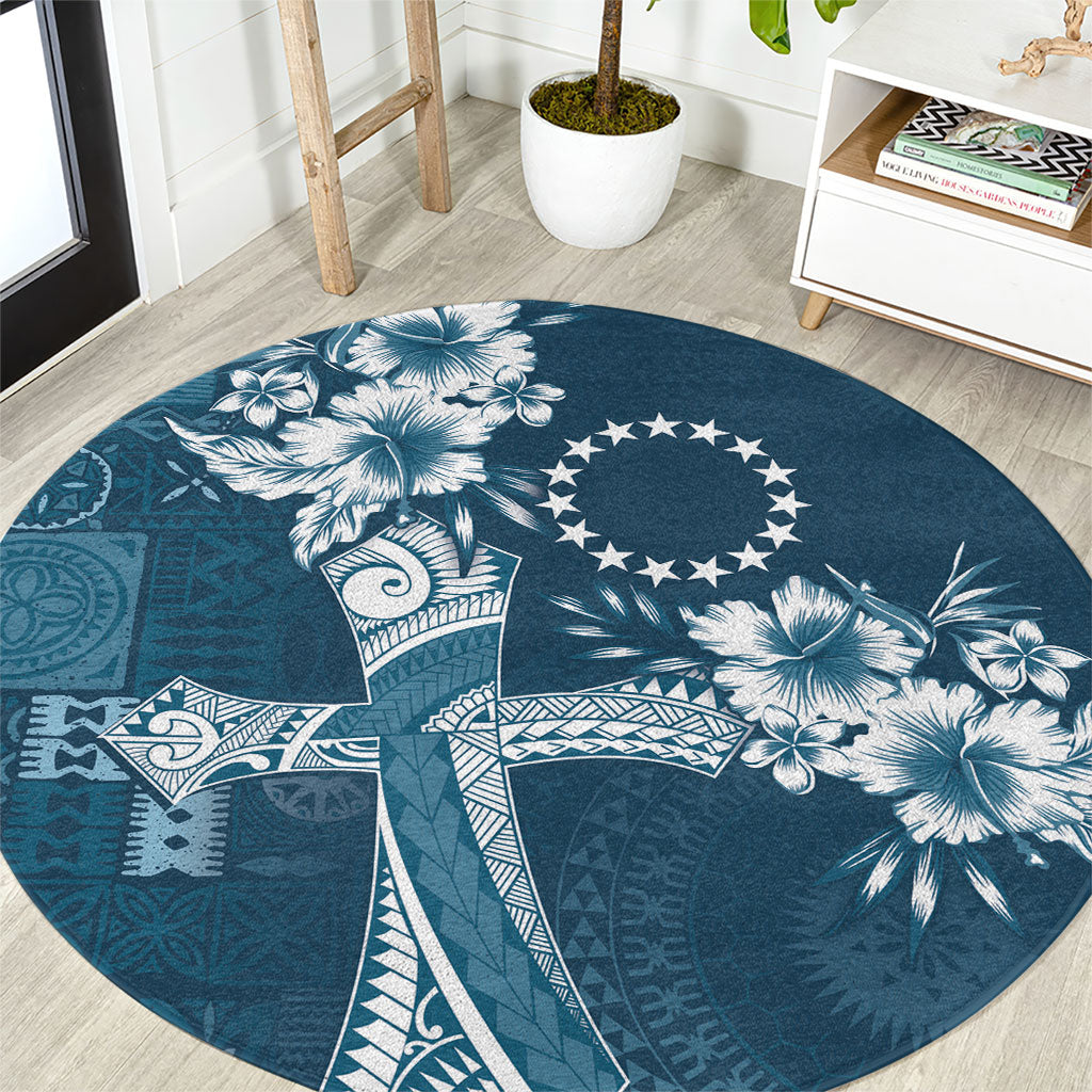 Kia Orana Cook Islands Tapa Floral With Cross Round Carpet Navy Blue LT7 Navy Blue - Polynesian Pride