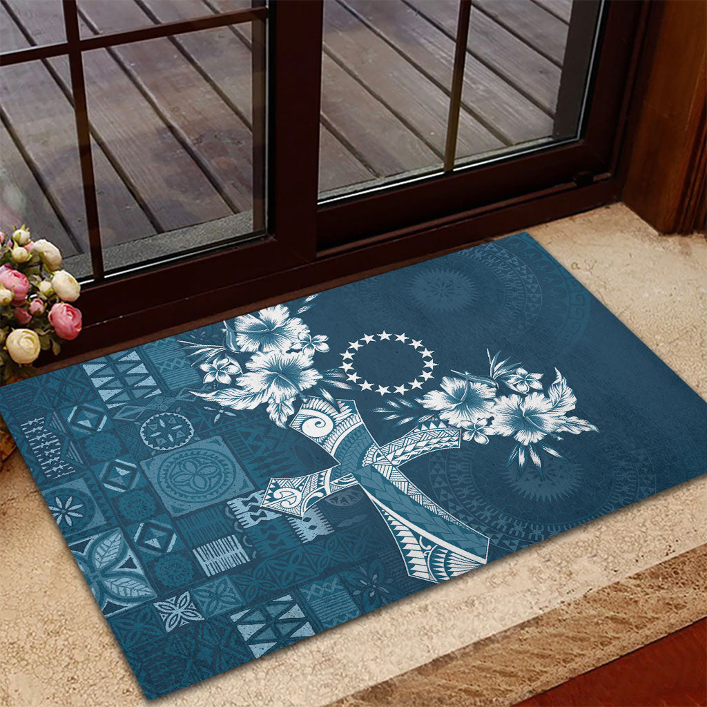 Kia Orana Cook Islands Tapa Floral With Cross Rubber Doormat Navy Blue LT7 - Polynesian Pride