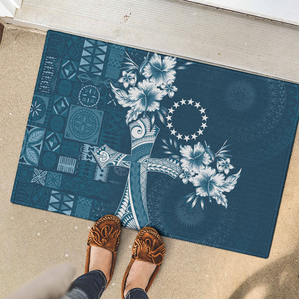 Kia Orana Cook Islands Tapa Floral With Cross Rubber Doormat Navy Blue LT7 - Polynesian Pride