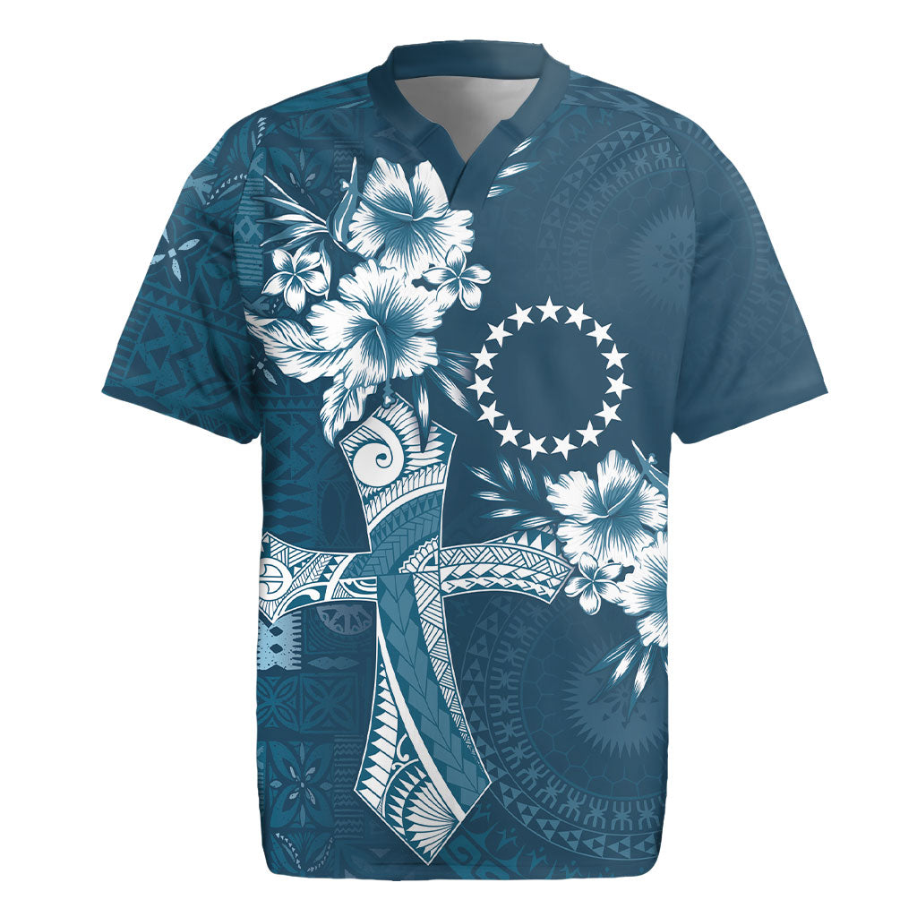 Kia Orana Cook Islands Tapa Floral With Cross Rugby Jersey Navy Blue LT7 Navy Blue - Polynesian Pride