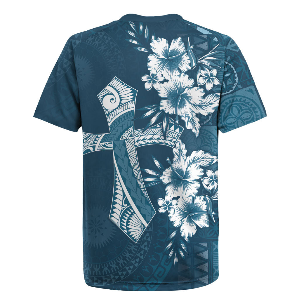 Kia Orana Cook Islands Tapa Floral With Cross Rugby Jersey Navy Blue LT7 - Polynesian Pride