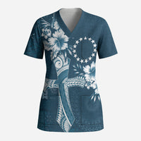 Kia Orana Cook Islands Tapa Floral With Cross Scrub Top Navy Blue LT7 Adult Navy Blue - Polynesian Pride
