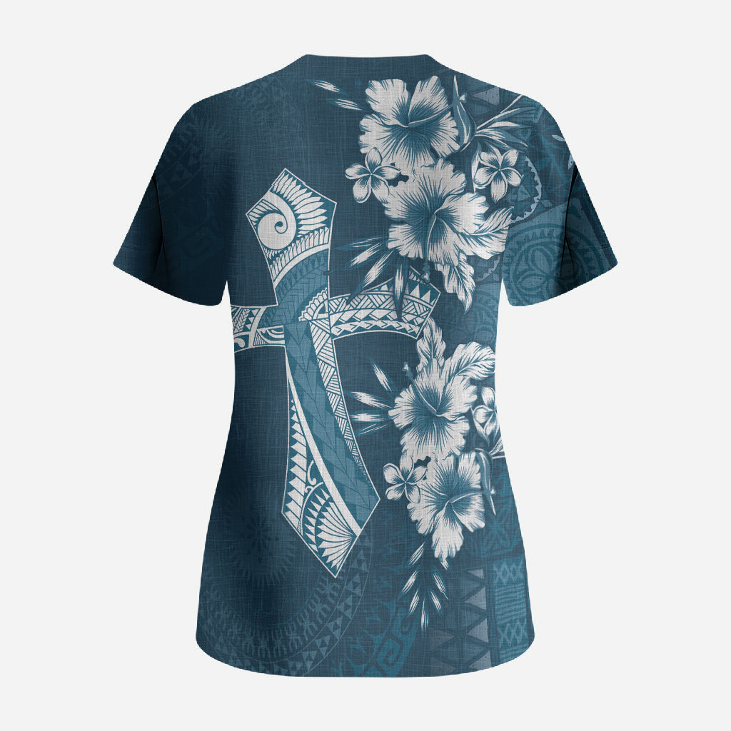 Kia Orana Cook Islands Tapa Floral With Cross Scrub Top Navy Blue LT7 - Polynesian Pride