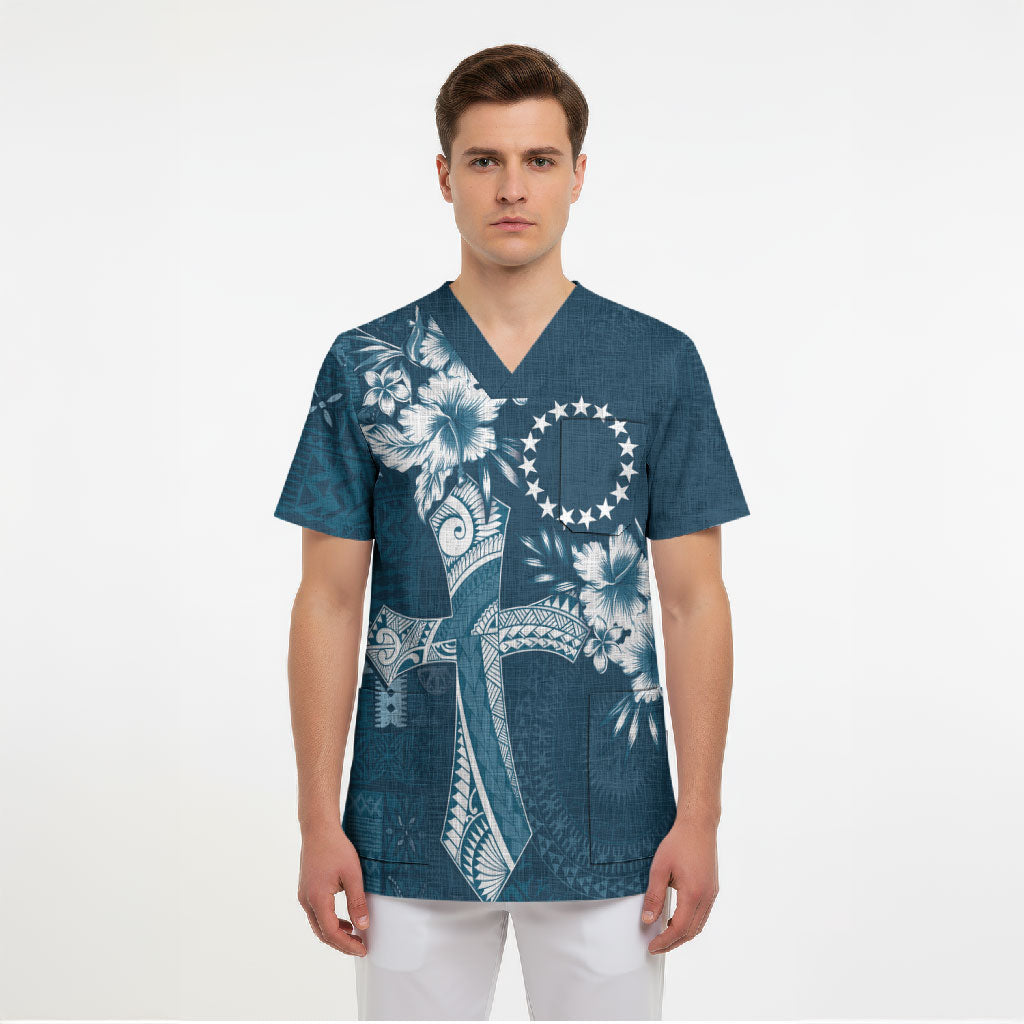 Kia Orana Cook Islands Tapa Floral With Cross Scrub Top Navy Blue LT7 - Polynesian Pride