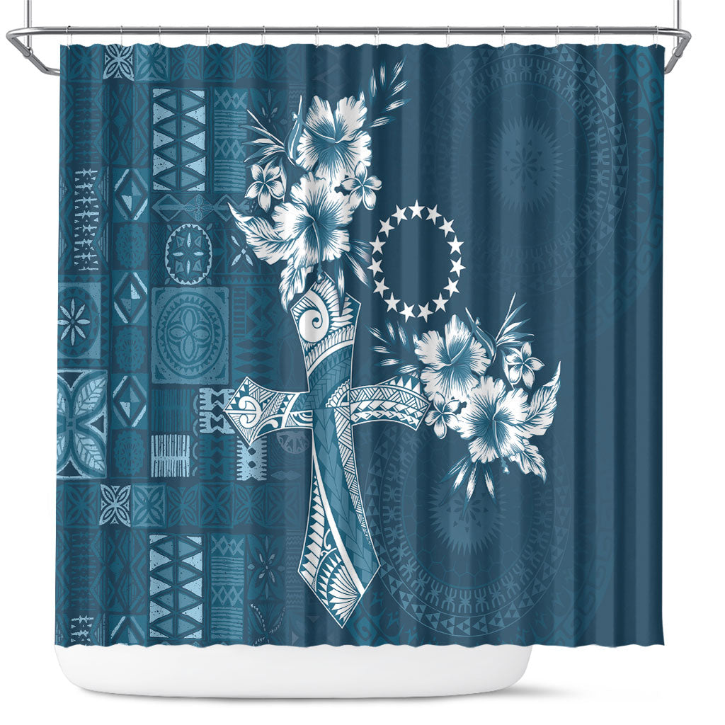 Kia Orana Cook Islands Tapa Floral With Cross Shower Curtain Navy Blue LT7 Navy Blue - Polynesian Pride