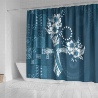 Kia Orana Cook Islands Tapa Floral With Cross Shower Curtain Navy Blue LT7 - Polynesian Pride