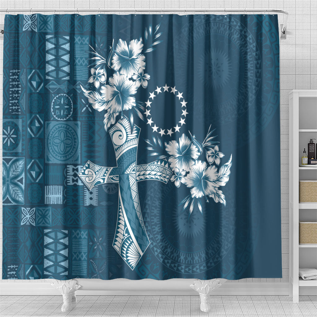 Kia Orana Cook Islands Tapa Floral With Cross Shower Curtain Navy Blue LT7 - Polynesian Pride