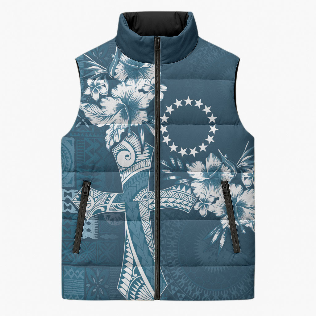 Kia Orana Cook Islands Tapa Floral With Cross Sleeveless Puffer Jacket Navy Blue LT7 Unisex Navy Blue - Polynesian Pride