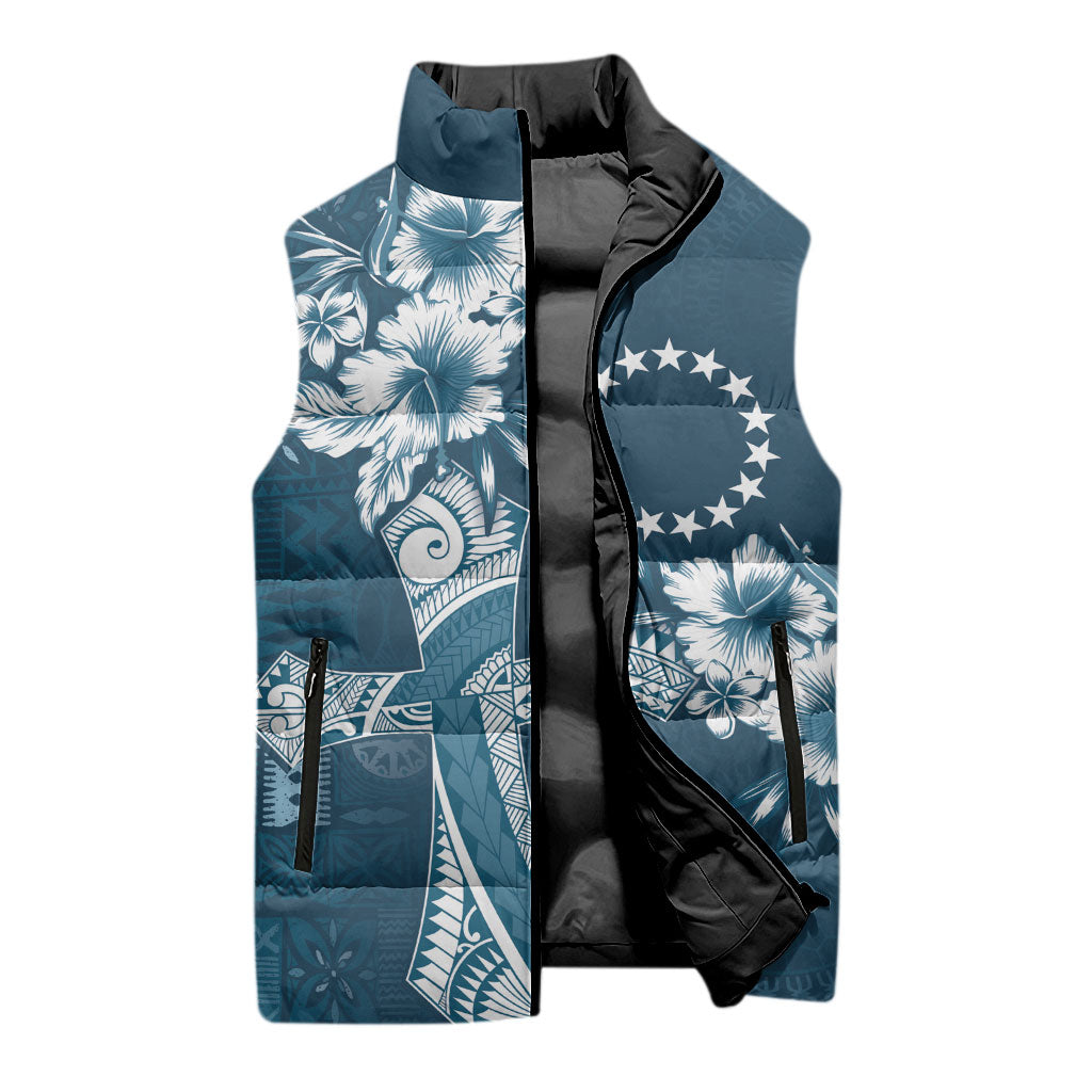 Kia Orana Cook Islands Tapa Floral With Cross Sleeveless Puffer Jacket Navy Blue LT7 - Polynesian Pride