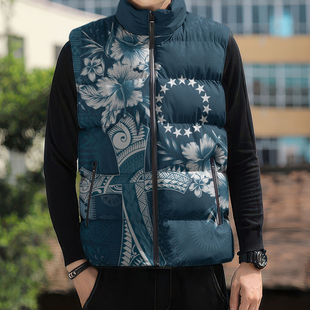 Kia Orana Cook Islands Tapa Floral With Cross Sleeveless Puffer Jacket Navy Blue LT7 - Polynesian Pride