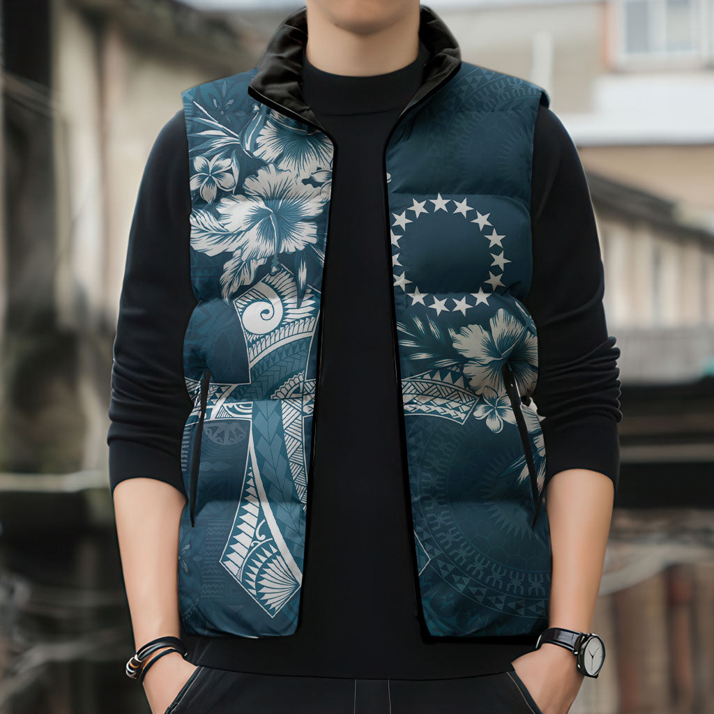 Kia Orana Cook Islands Tapa Floral With Cross Sleeveless Puffer Jacket Navy Blue LT7 - Polynesian Pride