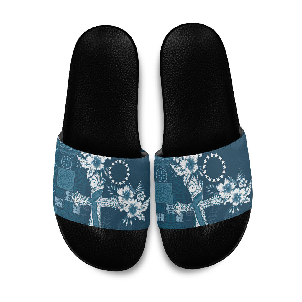 Kia Orana Cook Islands Tapa Floral With Cross Slide Sandals Navy Blue LT7 Navy Blue - Polynesian Pride