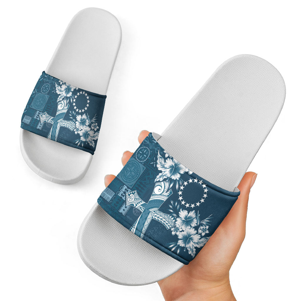 Kia Orana Cook Islands Tapa Floral With Cross Slide Sandals Navy Blue LT7 - Polynesian Pride