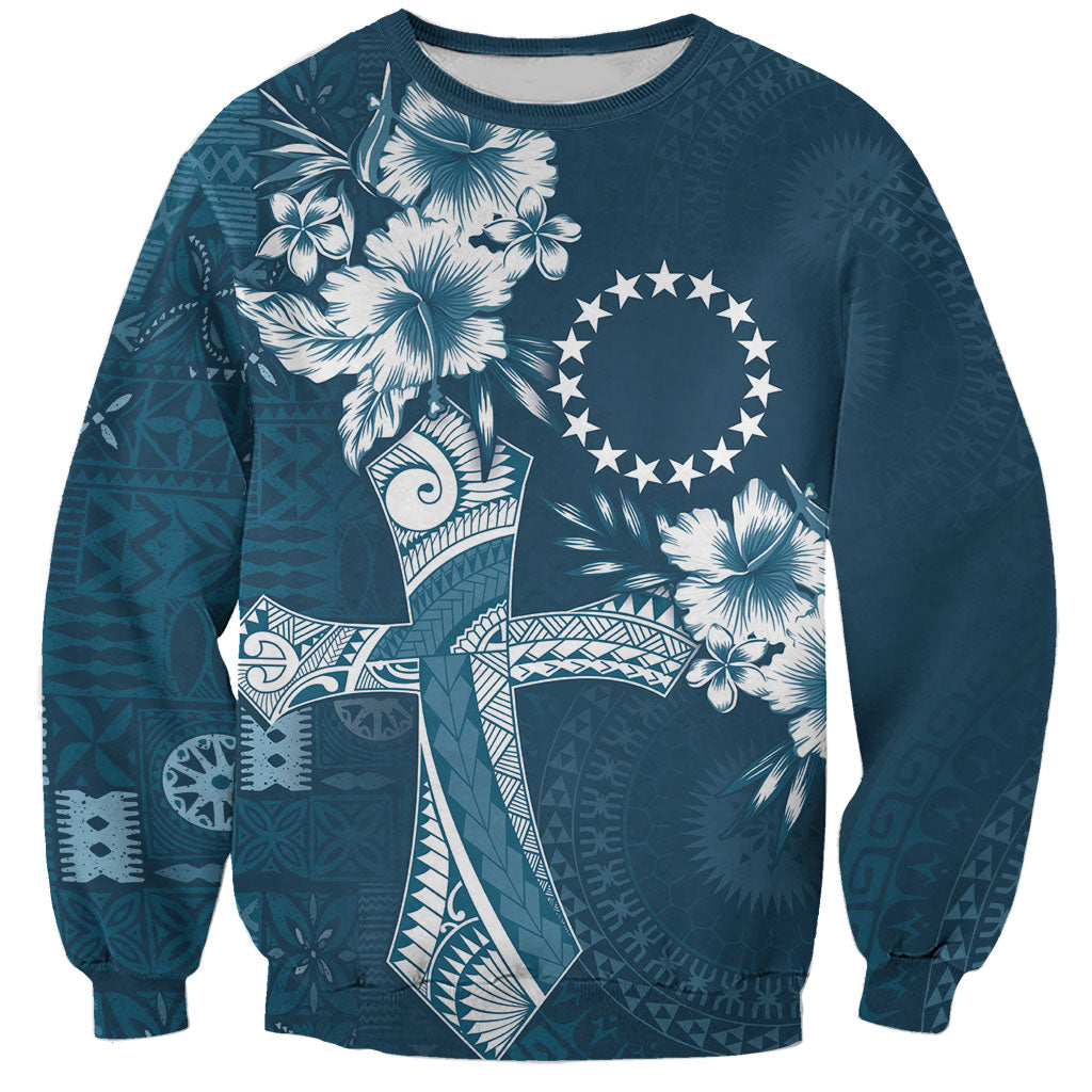 Kia Orana Cook Islands Tapa Floral With Cross Sweatshirt Navy Blue LT7 Unisex Navy Blue - Polynesian Pride