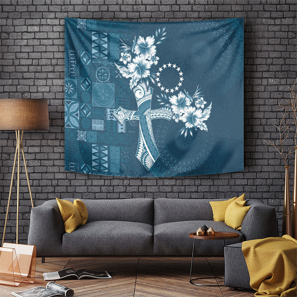Kia Orana Cook Islands Tapa Floral With Cross Tapestry Navy Blue LT7 Navy Blue - Polynesian Pride