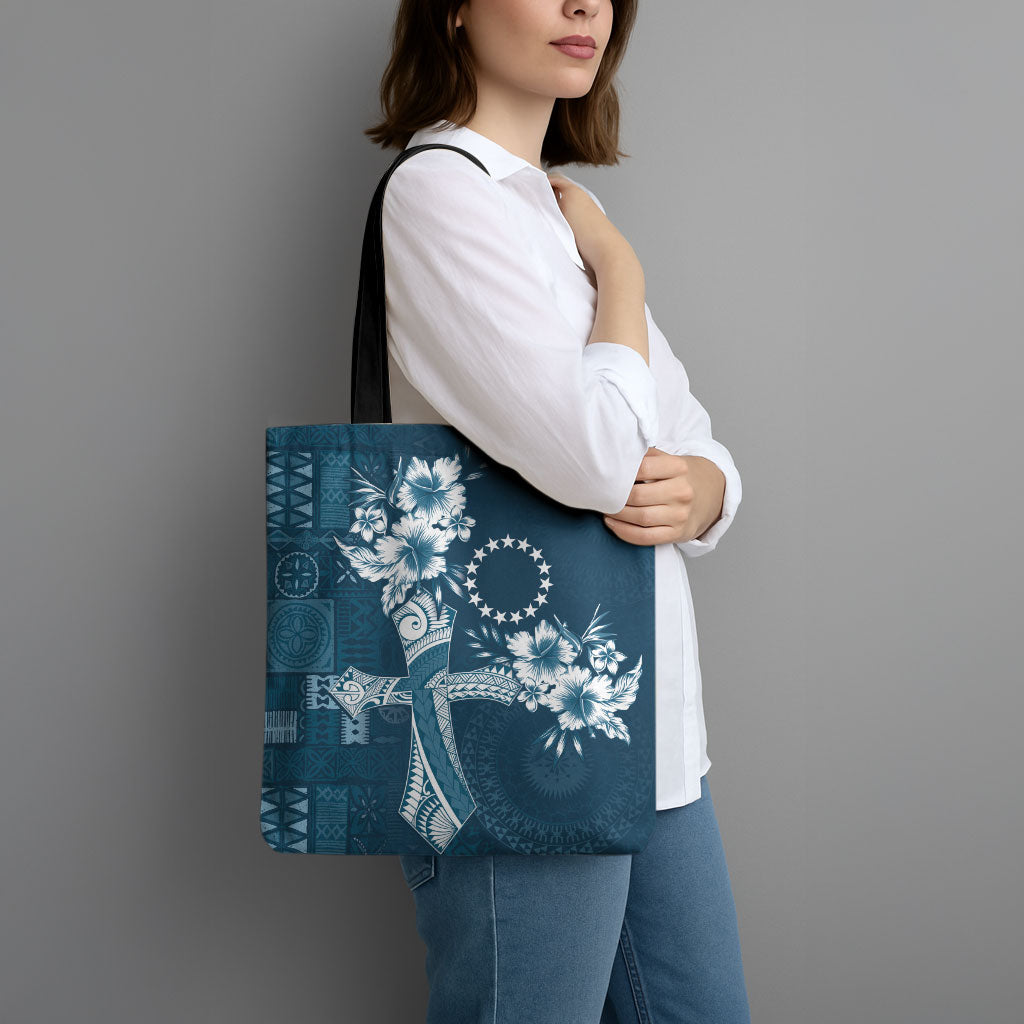 Kia Orana Cook Islands Tapa Floral With Cross Tote Bag Navy Blue LT7 - Polynesian Pride