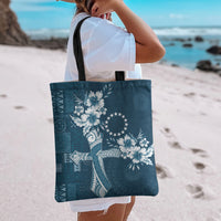Kia Orana Cook Islands Tapa Floral With Cross Tote Bag Navy Blue LT7 - Polynesian Pride