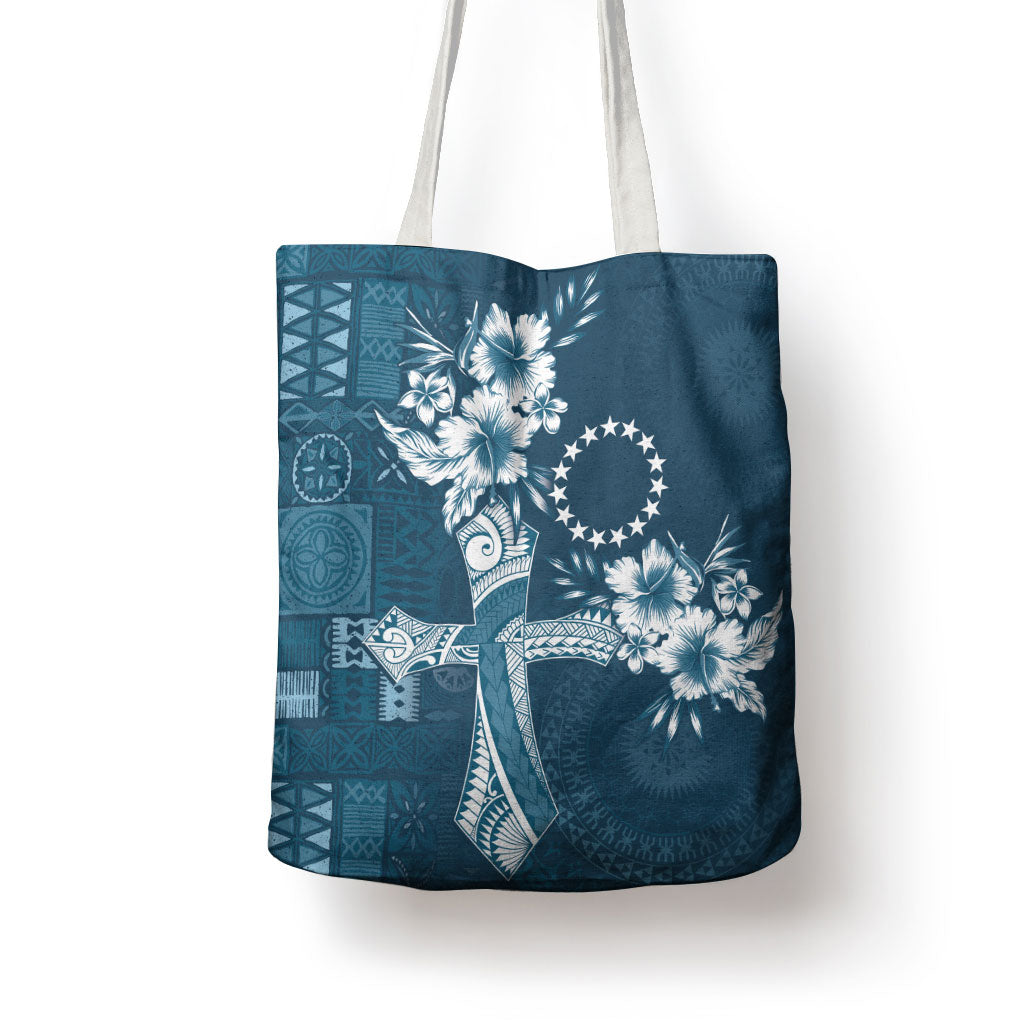 Kia Orana Cook Islands Tapa Floral With Cross Tote Bag Navy Blue LT7 - Polynesian Pride