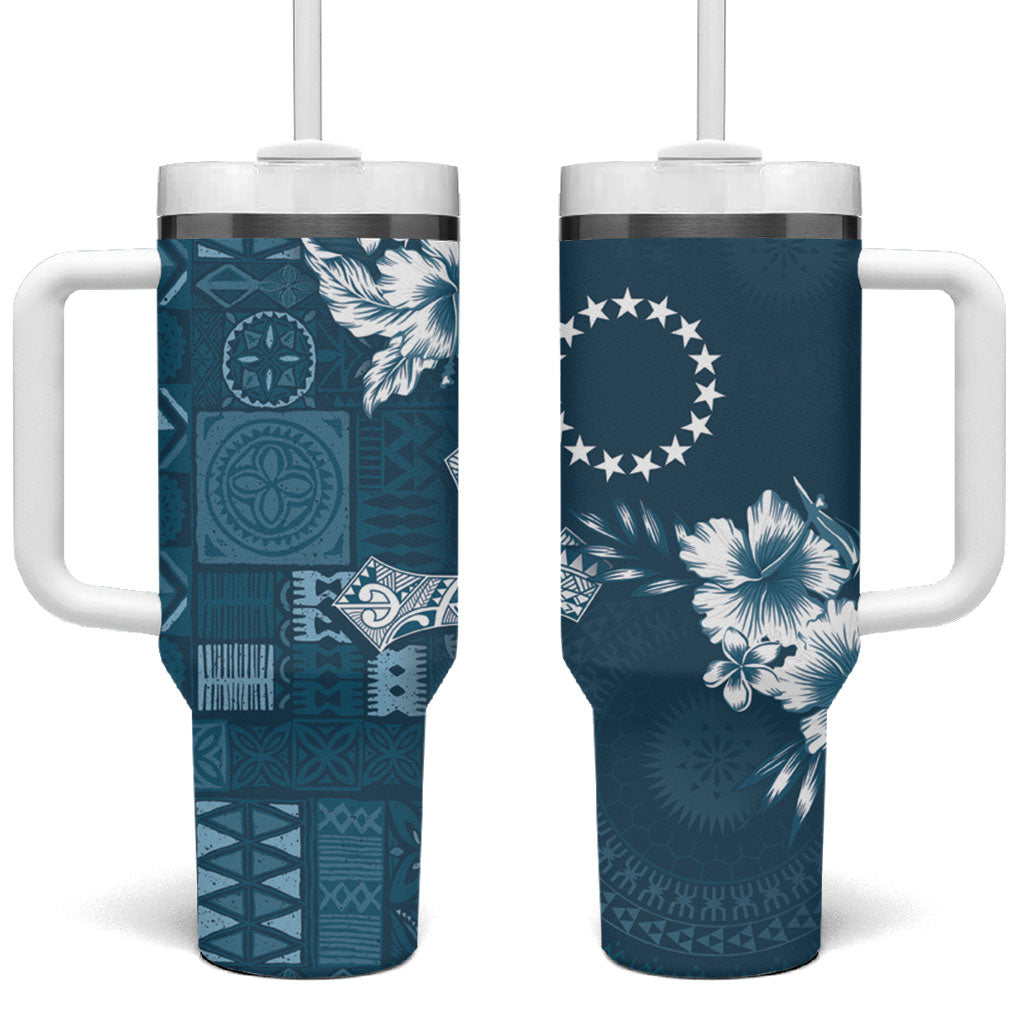 Kia Orana Cook Islands Tapa Floral With Cross Tumbler With Handle Navy Blue