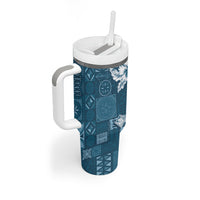 Kia Orana Cook Islands Tapa Floral With Cross Tumbler With Handle Navy Blue LT7 - Polynesian Pride