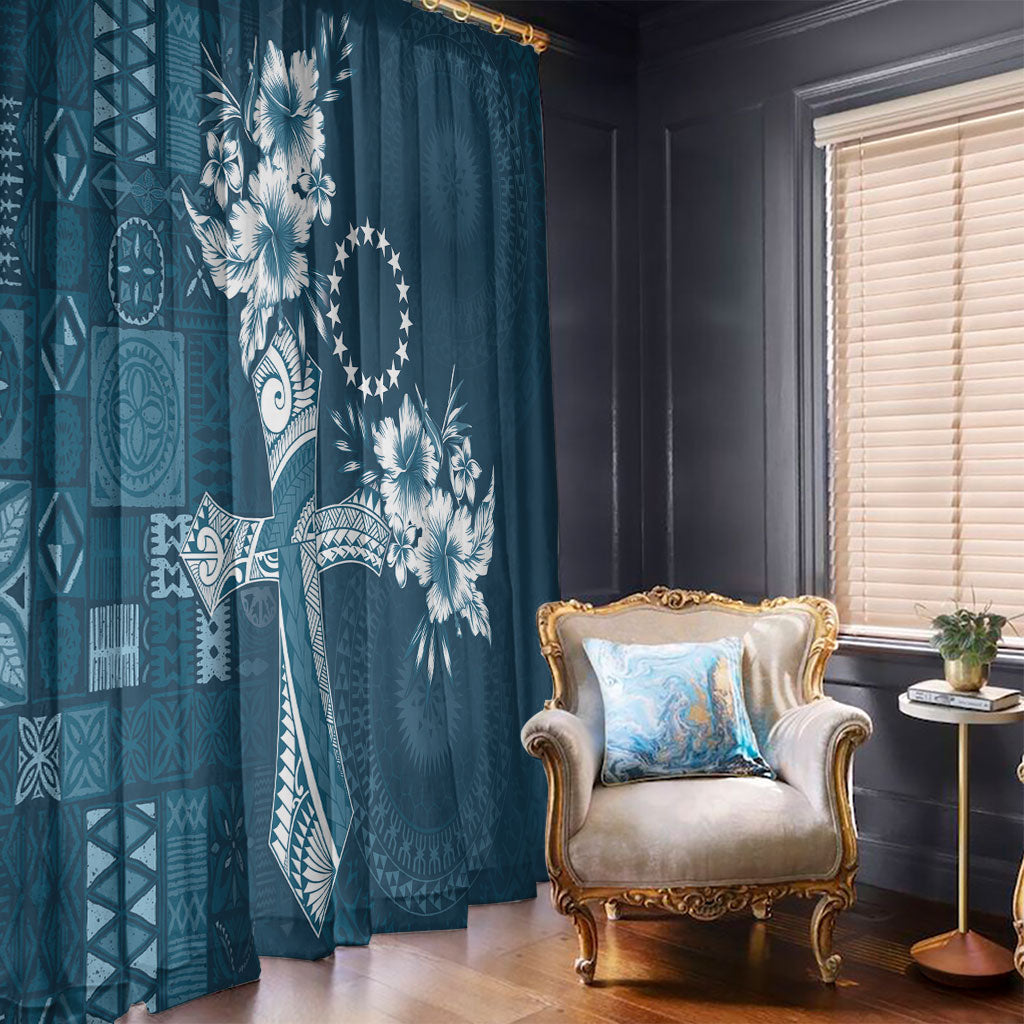 Kia Orana Cook Islands Tapa Floral With Cross Window Curtain Navy Blue LT7 - Polynesian Pride