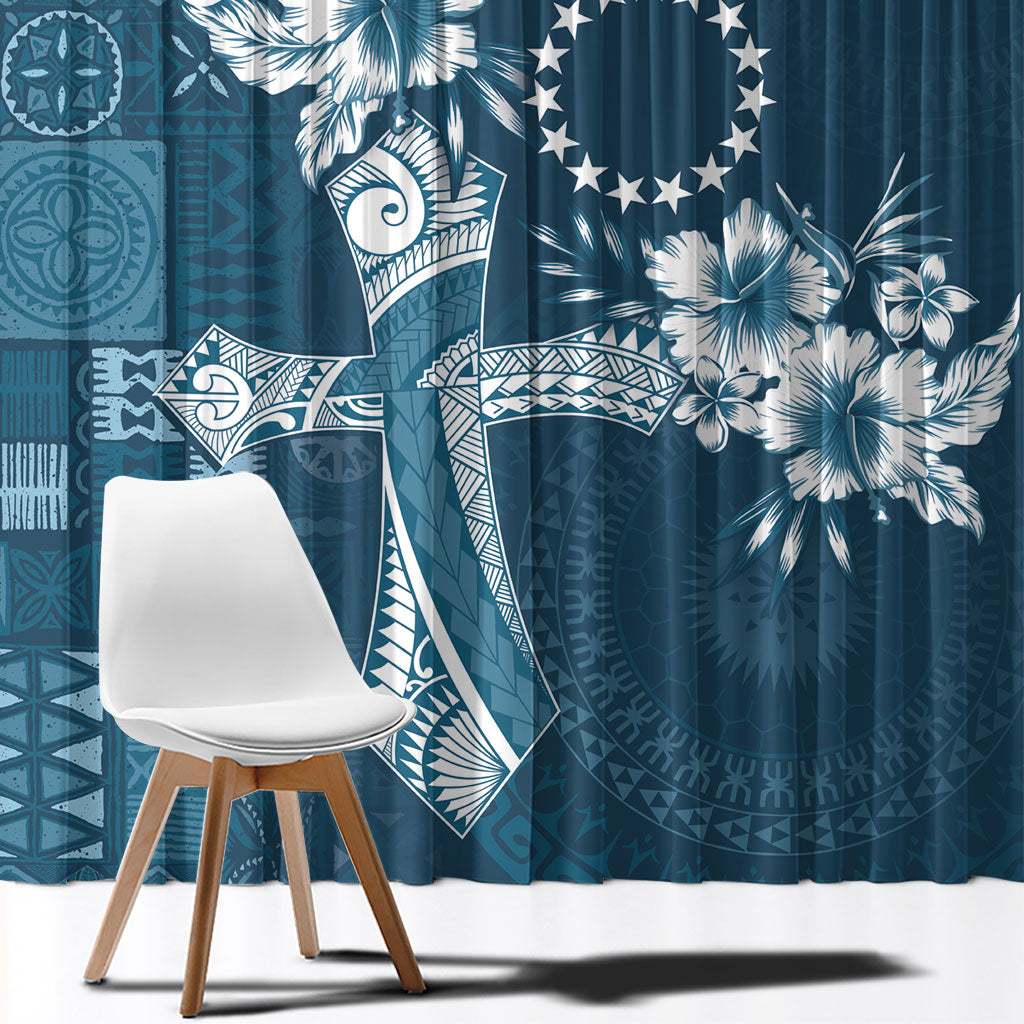 Kia Orana Cook Islands Tapa Floral With Cross Window Curtain Navy Blue LT7 - Polynesian Pride