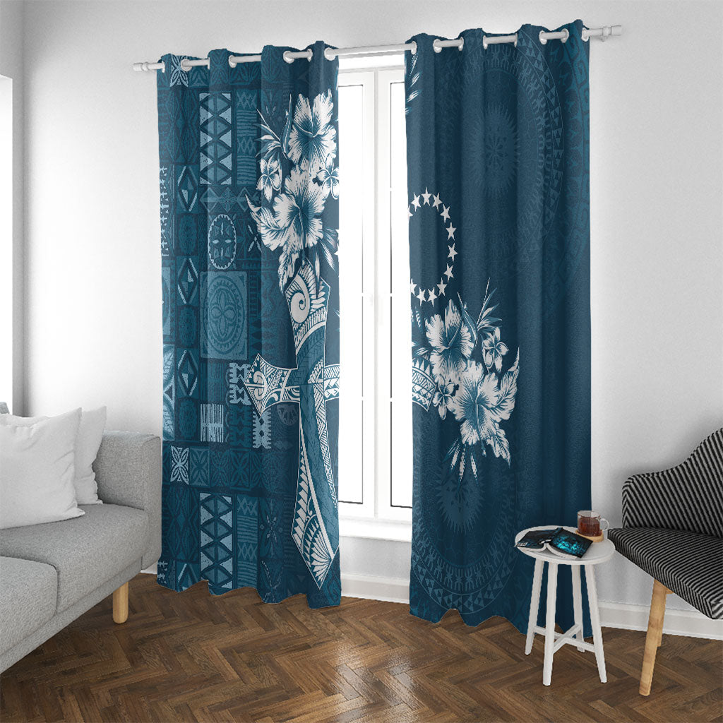 Kia Orana Cook Islands Tapa Floral With Cross Window Curtain Navy Blue LT7 With Grommets Navy Blue - Polynesian Pride