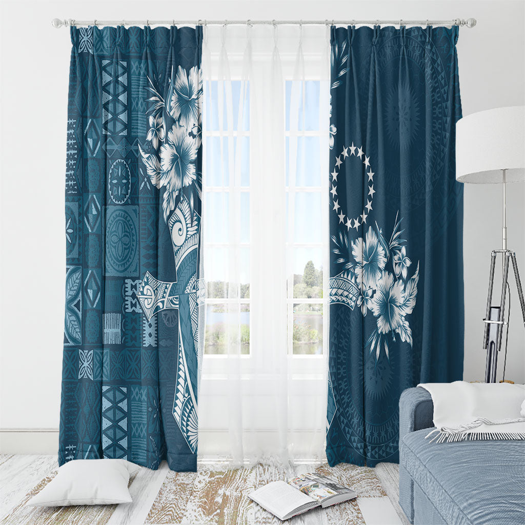Kia Orana Cook Islands Tapa Floral With Cross Window Curtain Navy Blue LT7 - Polynesian Pride