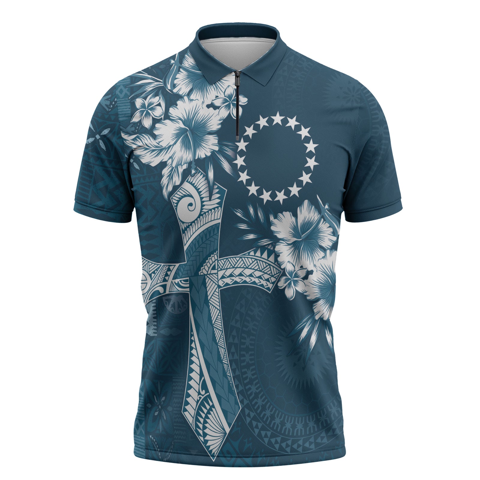 Kia Orana Cook Islands Tapa Floral With Cross Zipper Polo Shirt Navy Blue LT7 Navy Blue - Polynesian Pride