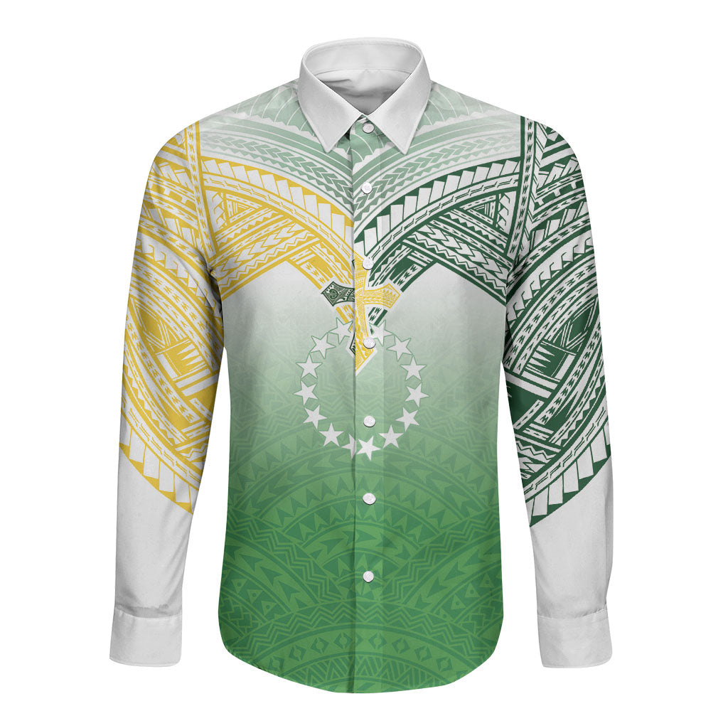 Cook Islands Rugby Medallion Of Stars Long Sleeve Button Shirt Kuki Airani Avaiki LT7 Unisex White Green - Polynesian Pride