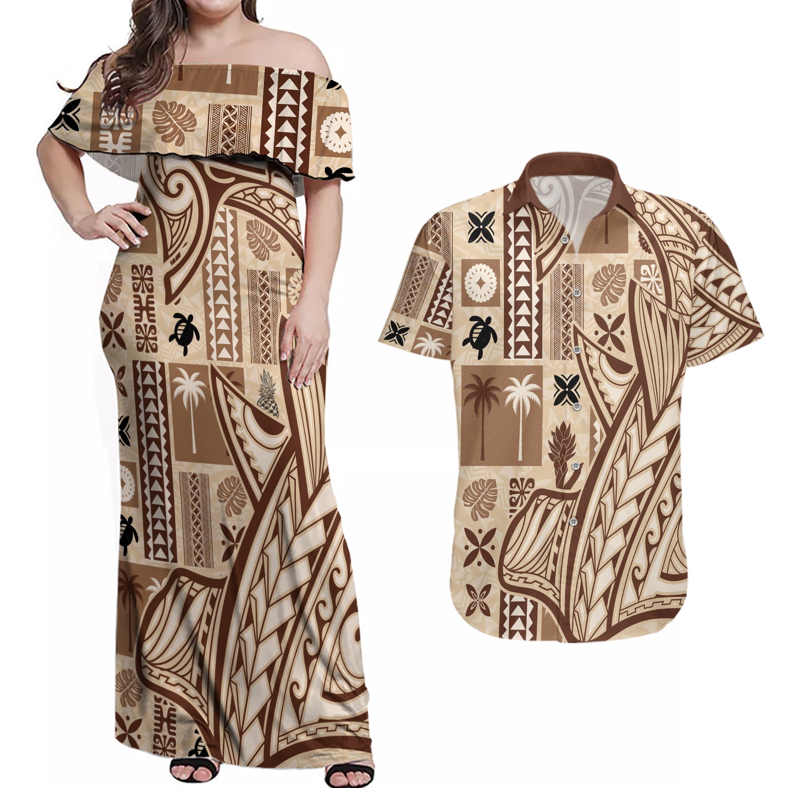 samoa-tapa-couples-matching-off-shoulder-maxi-dress-and-hawaiian-shirt-siapo-mix-tatau-patterns