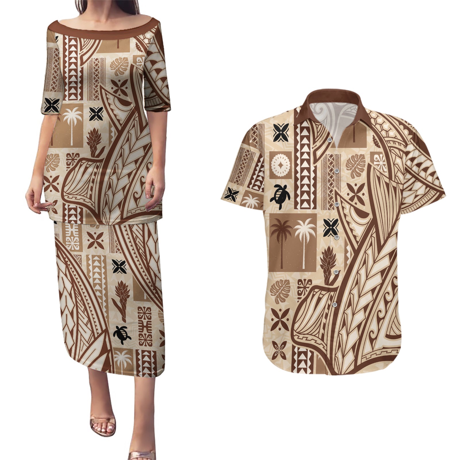samoa-tapa-couples-matching-puletasi-dress-and-hawaiian-shirt-siapo-mix-tatau-patterns