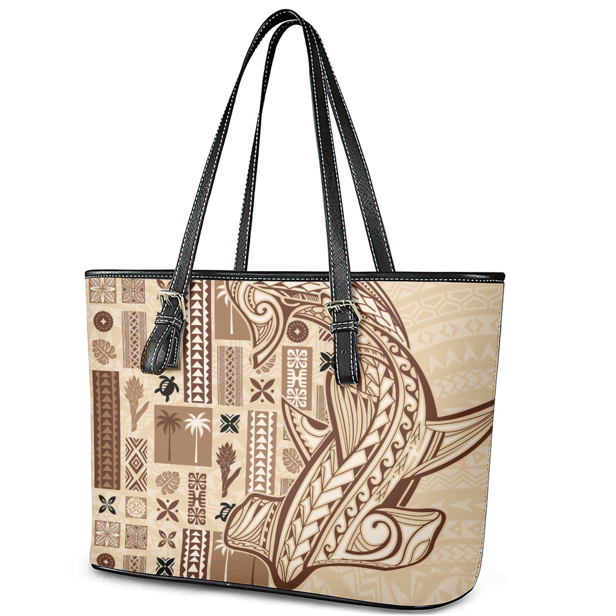 Samoa Tapa Leather Tote Bag - Siapo Mix Tatau Patterns LT7 - Polynesian Pride