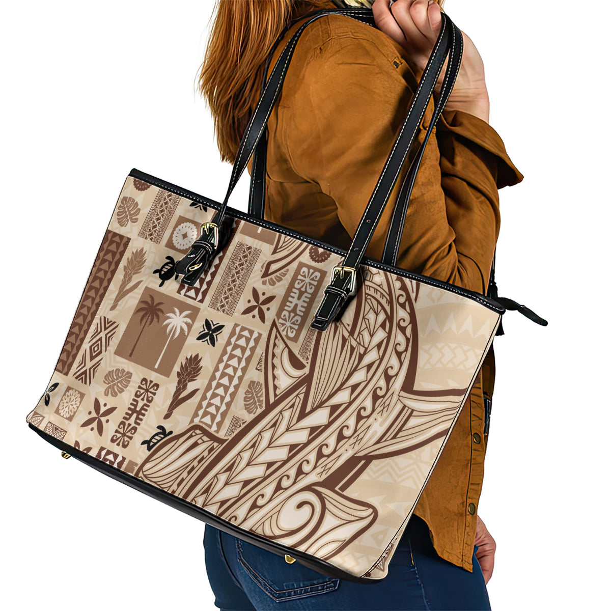 Samoa Tapa Leather Tote Bag - Siapo Mix Tatau Patterns LT7 - Polynesian Pride