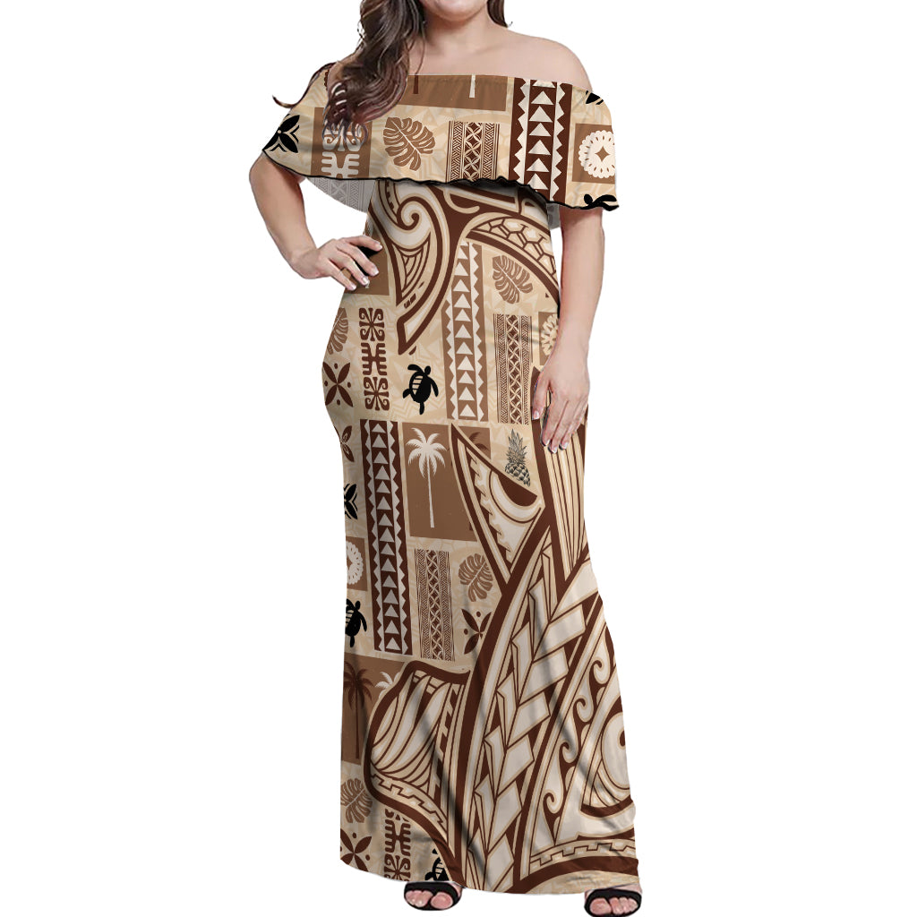 Samoa Tapa Off Shoulder Maxi Dress Siapo Mix Tatau Patterns LT7 Women Beige - Polynesian Pride