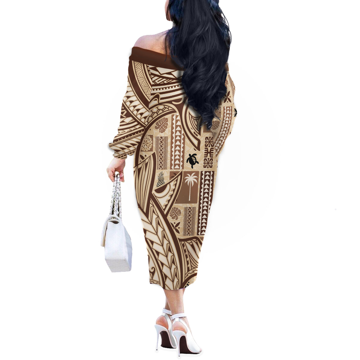 Samoa Tapa Off The Shoulder Long Sleeve Dress Siapo Mix Tatau Patterns LT7 - Polynesian Pride