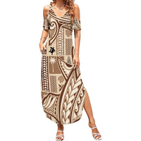 Samoa Tapa Summer Maxi Dress Siapo Mix Tatau Patterns LT7 Women Beige - Polynesian Pride