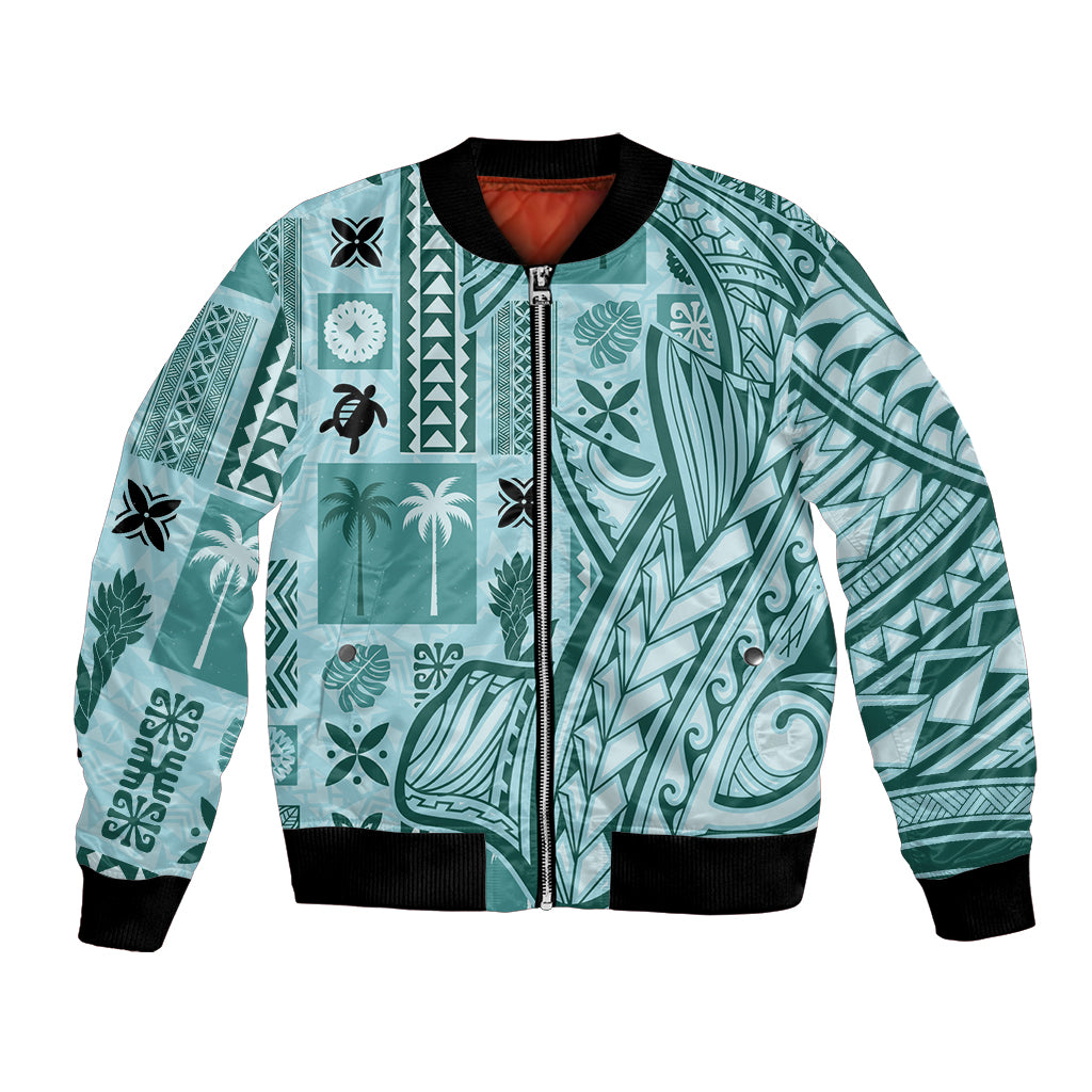 Samoa Tapa Bomber Jacket Siapo Mix Tatau Patterns - Teal LT7 Unisex Teal - Polynesian Pride