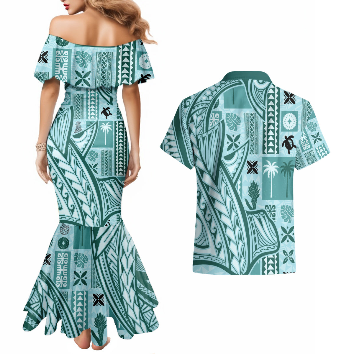 Samoa Tapa Couples Matching Mermaid Dress and Hawaiian Shirt Siapo Mix Tatau Patterns - Teal LT7 - Polynesian Pride
