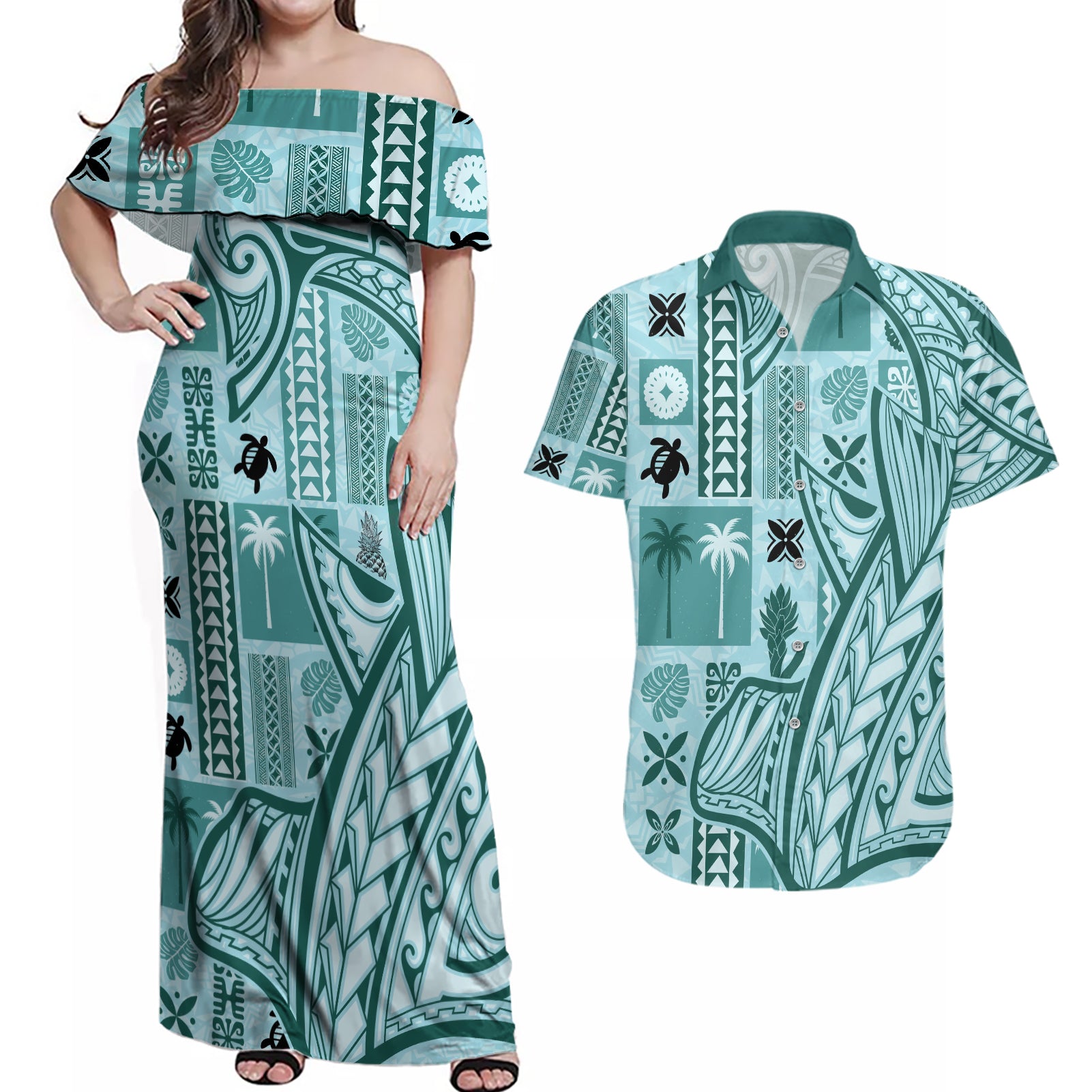 Samoa Tapa Couples Matching Off Shoulder Maxi Dress and Hawaiian Shirt Siapo Mix Tatau Patterns - Teal LT7 Teal - Polynesian Pride