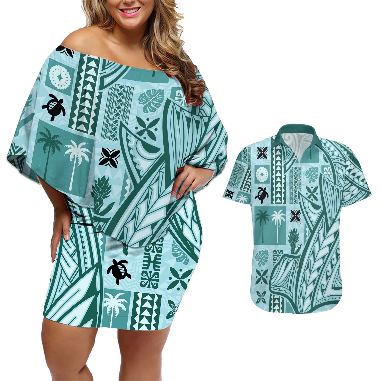 Samoa Tapa Couples Matching Off Shoulder Short Dress and Hawaiian Shirt Siapo Mix Tatau Patterns - Teal LT7 Teal - Polynesian Pride