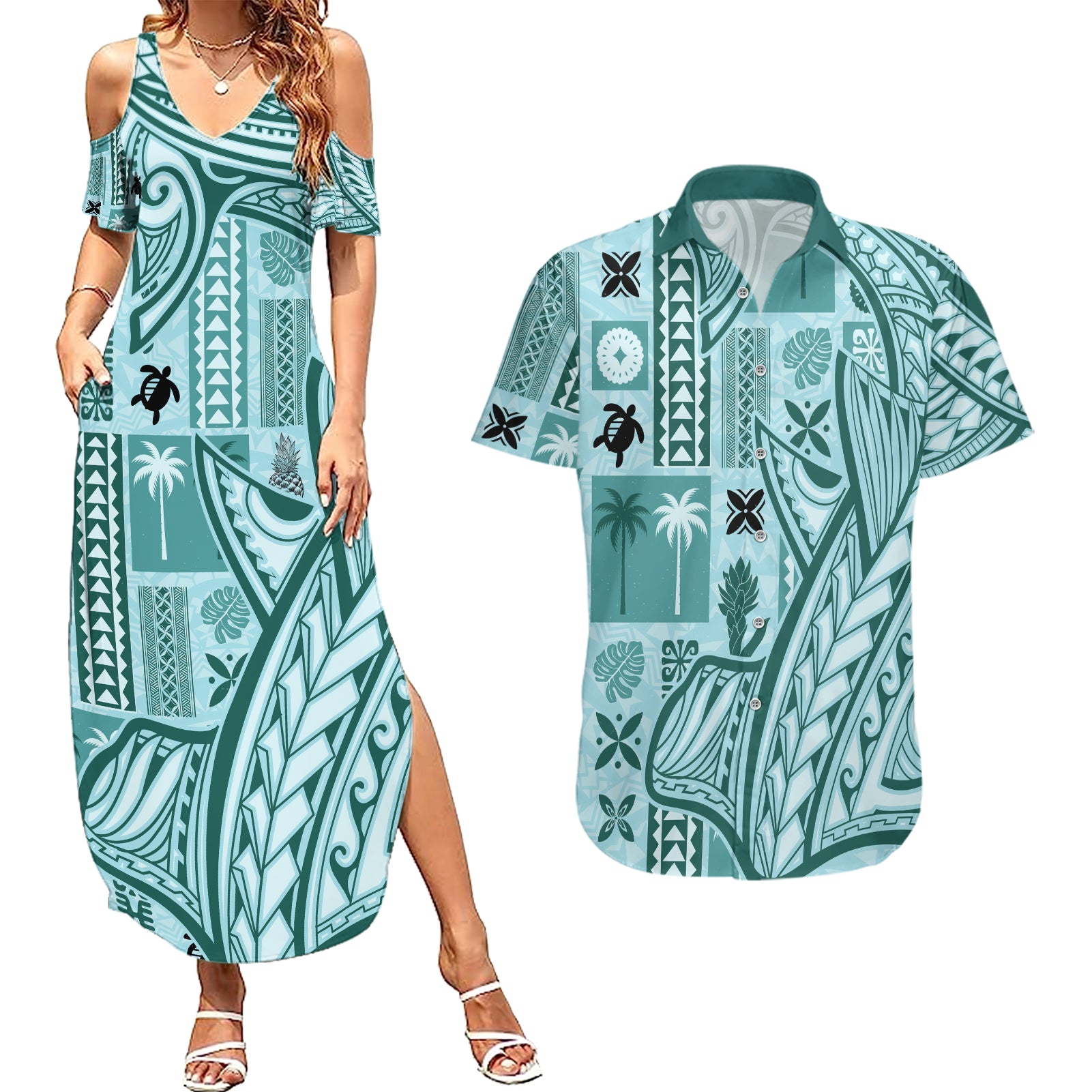 Samoa Tapa Couples Matching Summer Maxi Dress and Hawaiian Shirt Siapo Mix Tatau Patterns - Teal LT7 Teal - Polynesian Pride