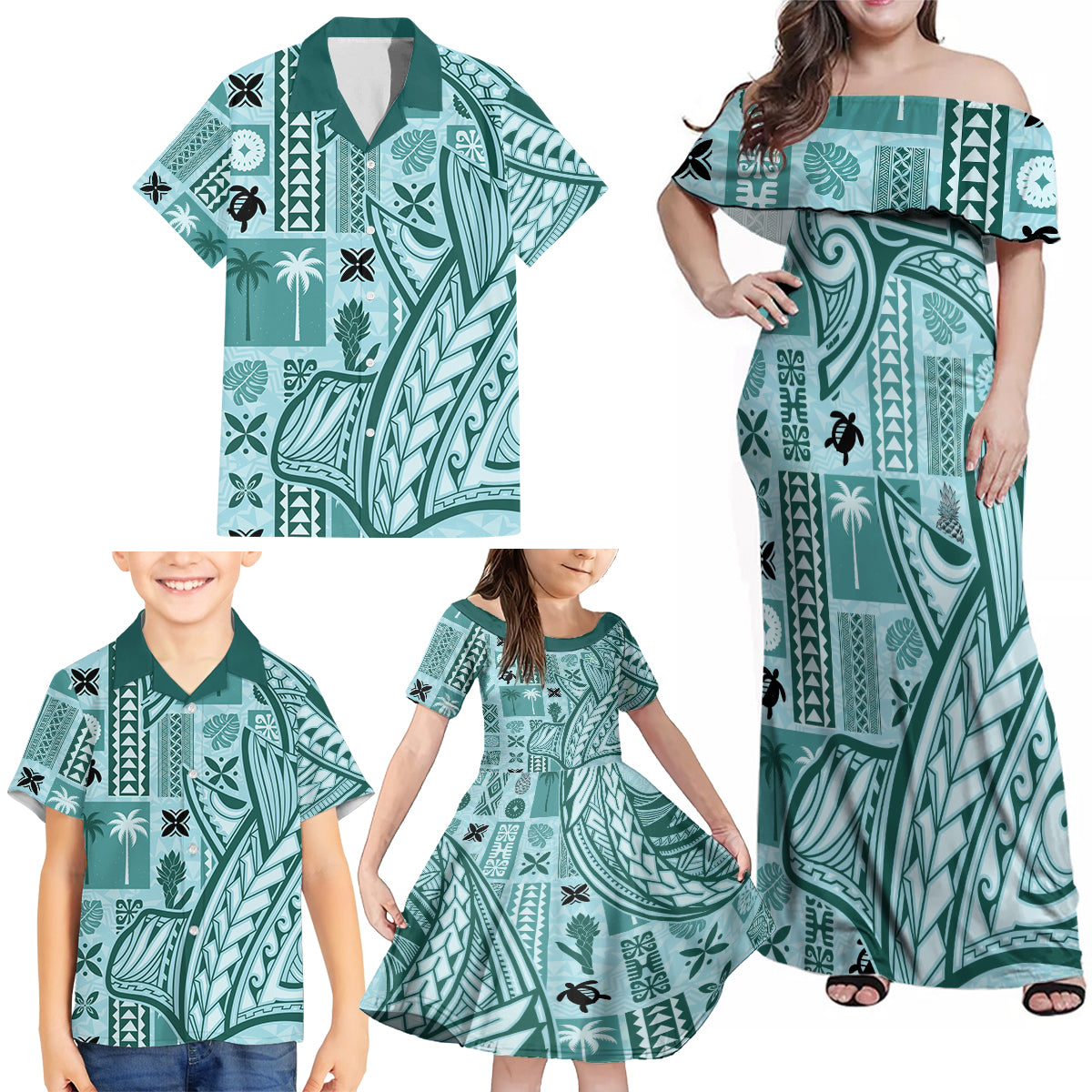 Samoa Tapa Family Matching Off Shoulder Maxi Dress and Hawaiian Shirt Siapo Mix Tatau Patterns - Teal LT7 - Polynesian Pride