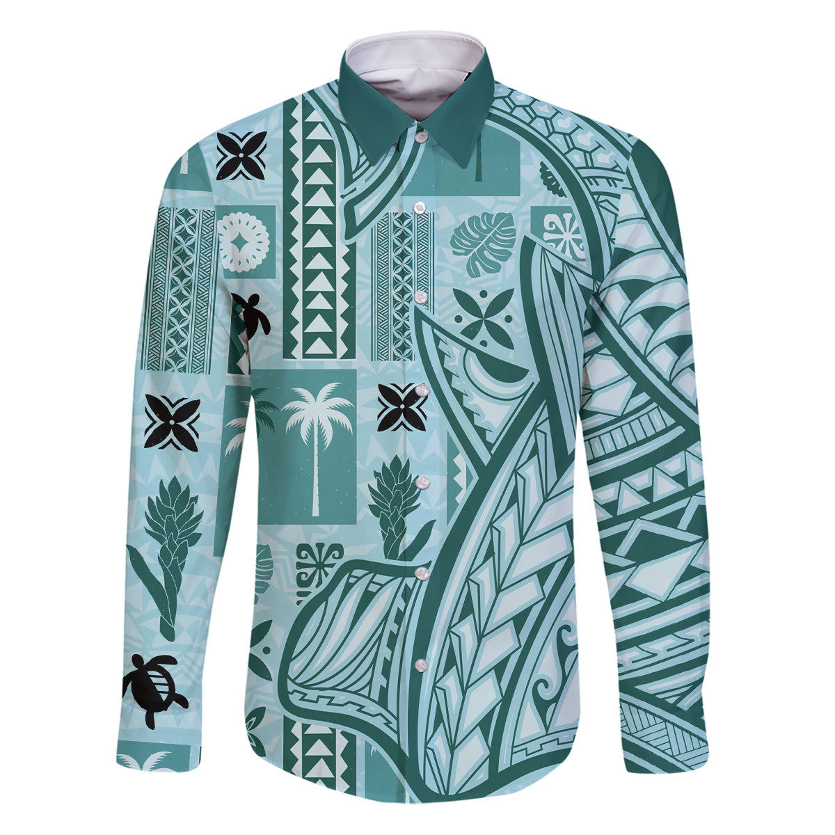 Samoa Tapa Family Matching Puletasi Dress and Hawaiian Shirt Siapo Mix Tatau Patterns - Teal LT7 Dad's Shirt - Long Sleeve Teal - Polynesian Pride
