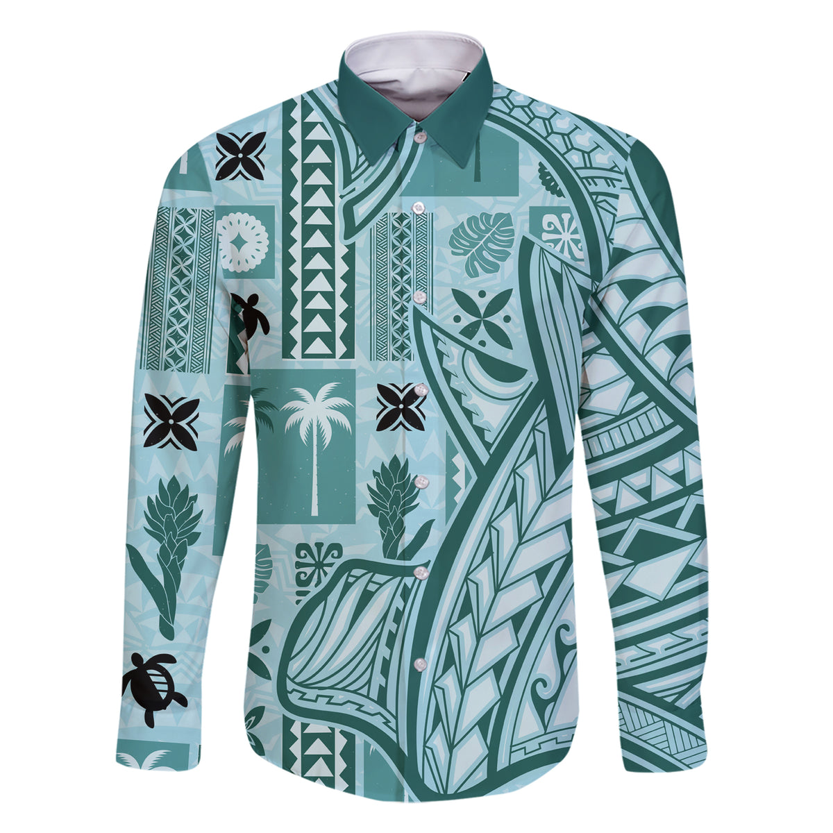 Samoa Tapa Family Matching Short Sleeve Bodycon Dress and Hawaiian Shirt Siapo Mix Tatau Patterns - Teal LT7 Dad's Shirt - Long Sleeve Teal - Polynesian Pride