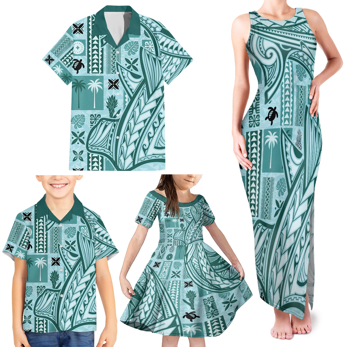 Samoa Tapa Family Matching Tank Maxi Dress and Hawaiian Shirt Siapo Mix Tatau Patterns - Teal LT7 - Polynesian Pride