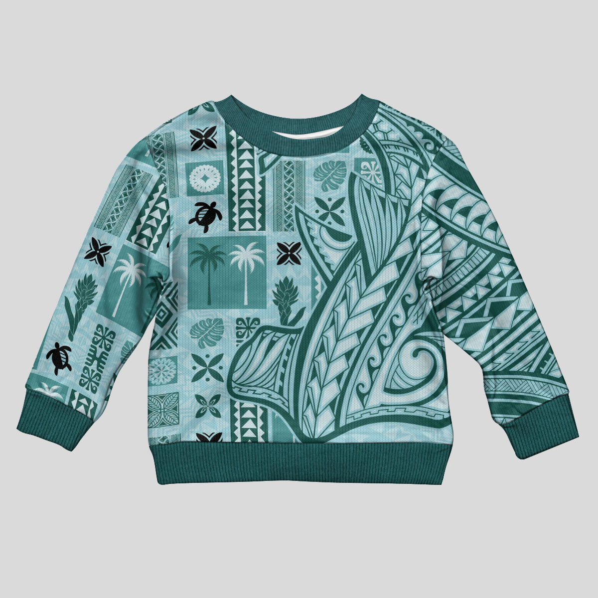 Samoa Tapa Kid Ugly Christmas Sweater Siapo Mix Tatau Patterns - Teal LT7 Kid Teal - Polynesian Pride