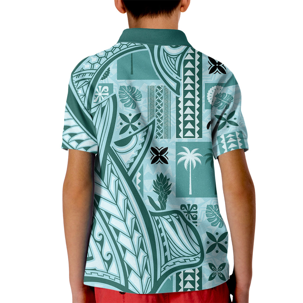 Samoa Tapa Kid Polo Shirt Siapo Mix Tatau Patterns - Teal LT7 - Polynesian Pride